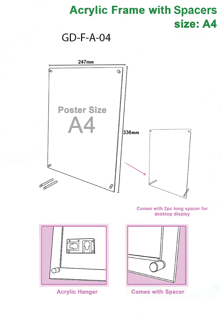 Acrylic Frame with Spacer – A4 Size