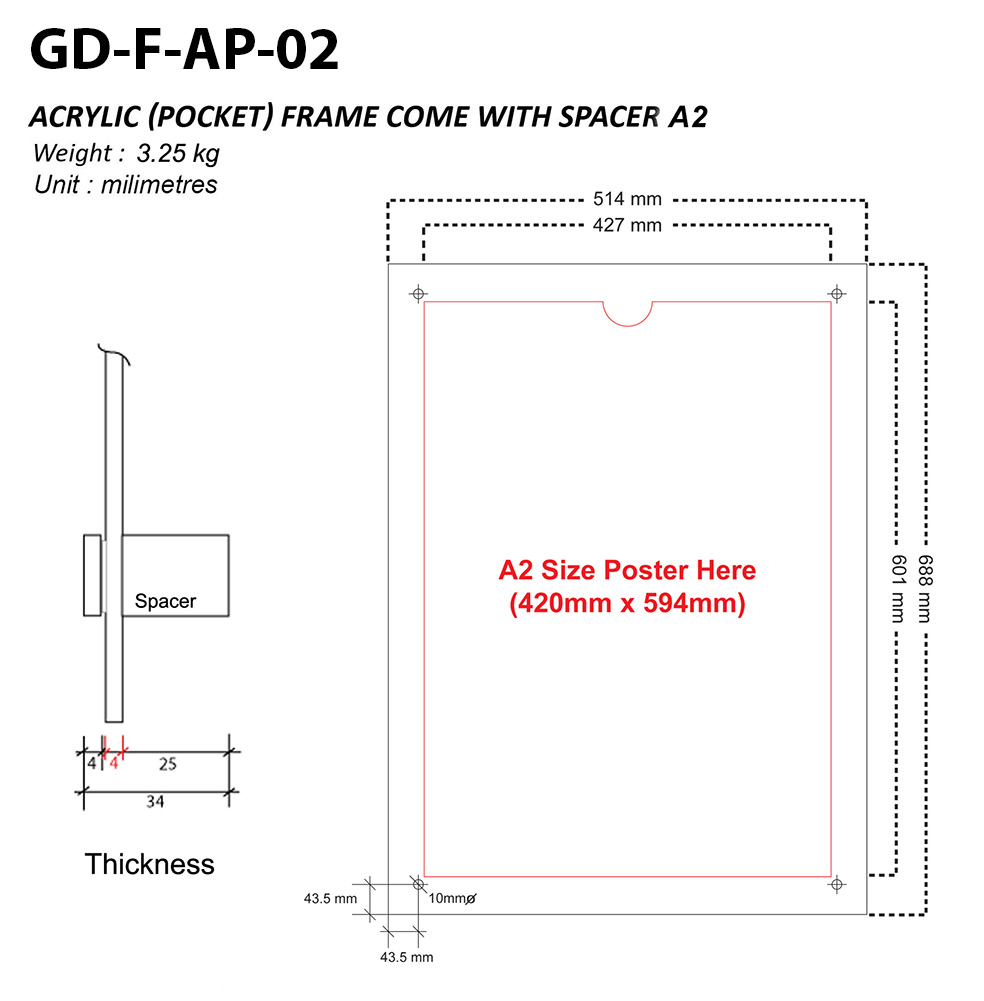 Acrylic Frame with Spacer (Pocket) – A2 Size